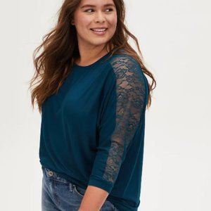 NWT Torrid Super Soft Teal Lace Panel Dolman SZ2